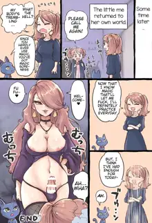 A story about a futanari witch who summons her past self with summoning magic and has sex with her smaller self, English
